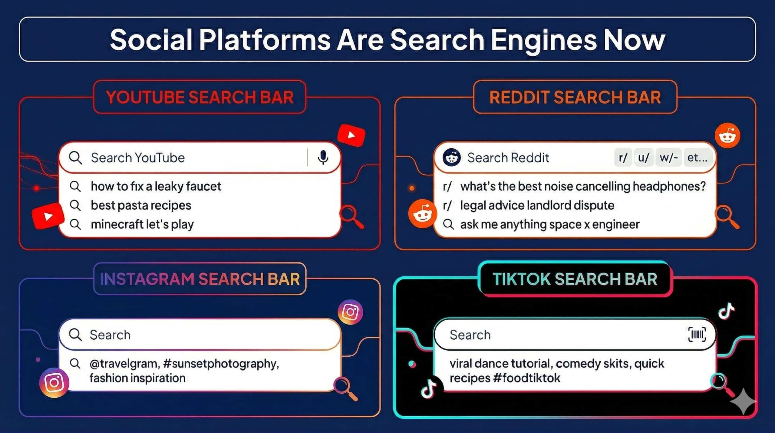 Platform search bars — YouTube, Reddit, Instagram, TikTok