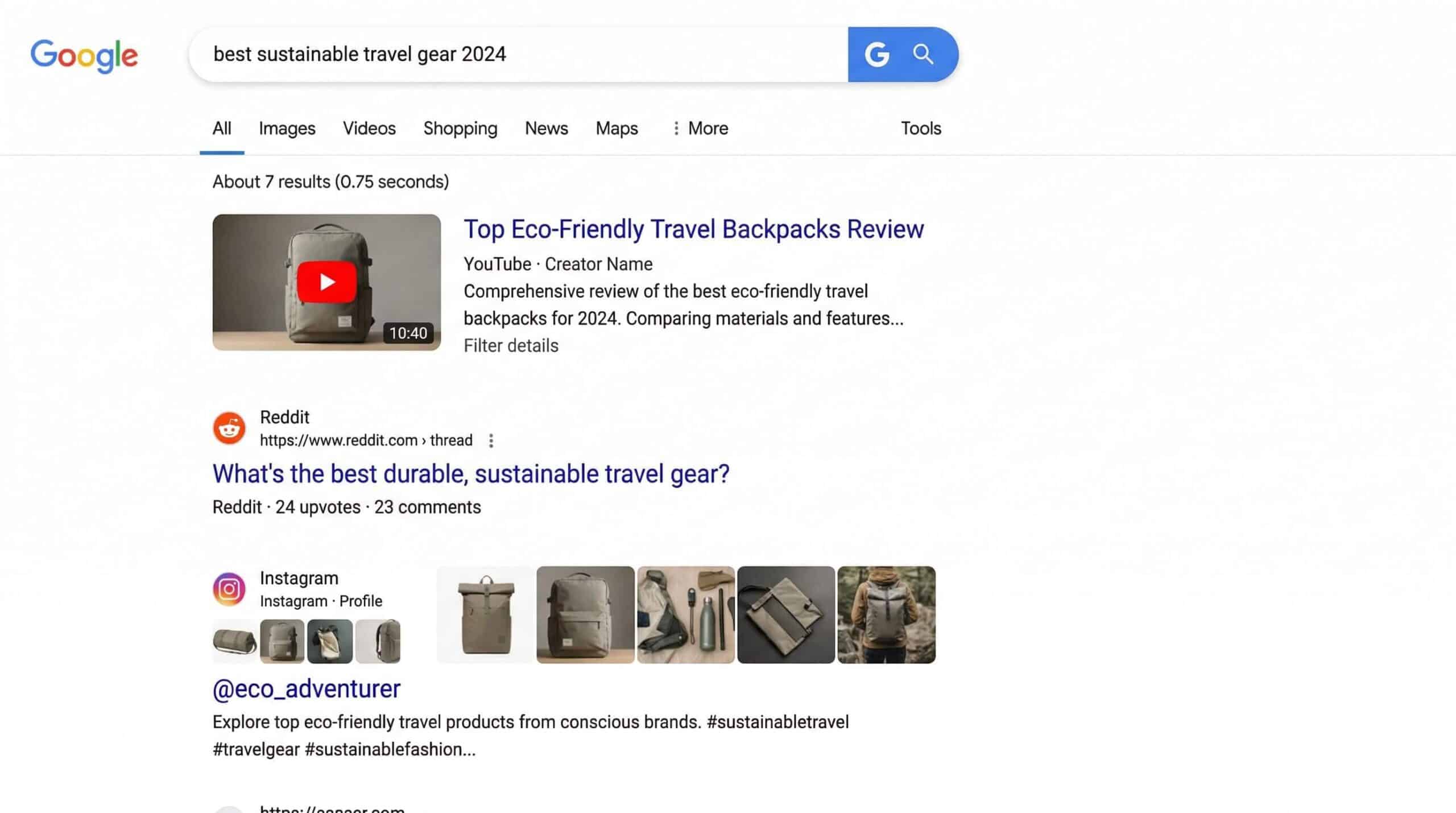 Google SERPs showing Reddit, YouTube, Instagram results