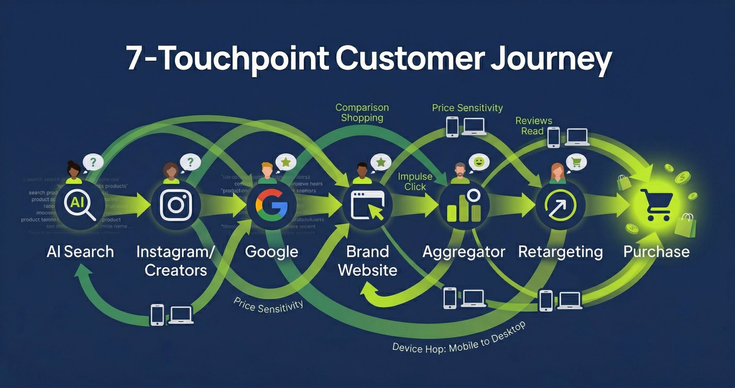 7-Touchpoint Ecommerce Customer Journey - AI Search, Instagram, Google, Brand Website, Aggregator, Retargeting, Purchase